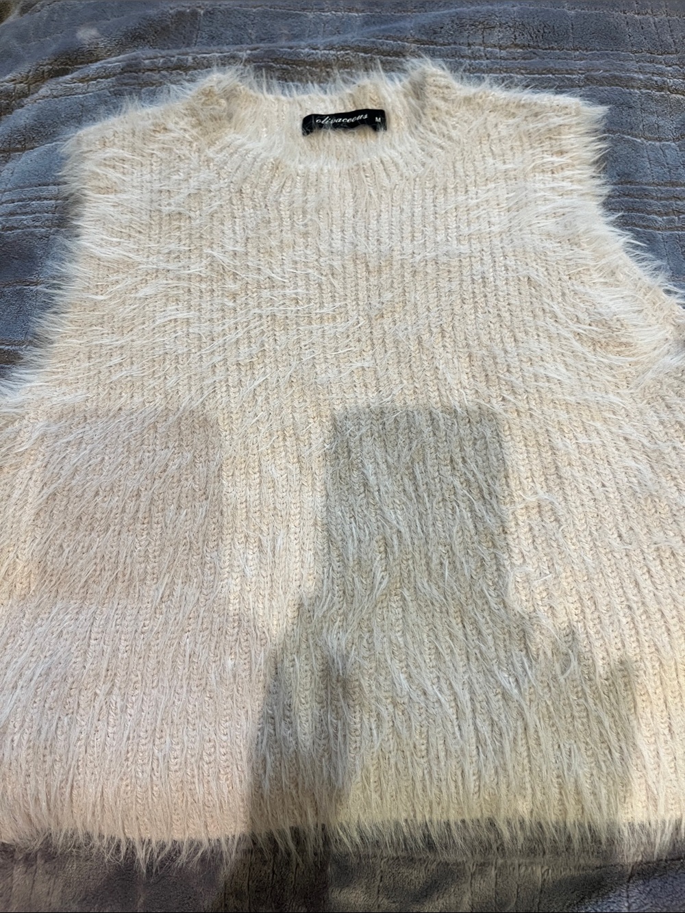 Olivaceous Cream Fuzzy Crewneck Sweater Vest